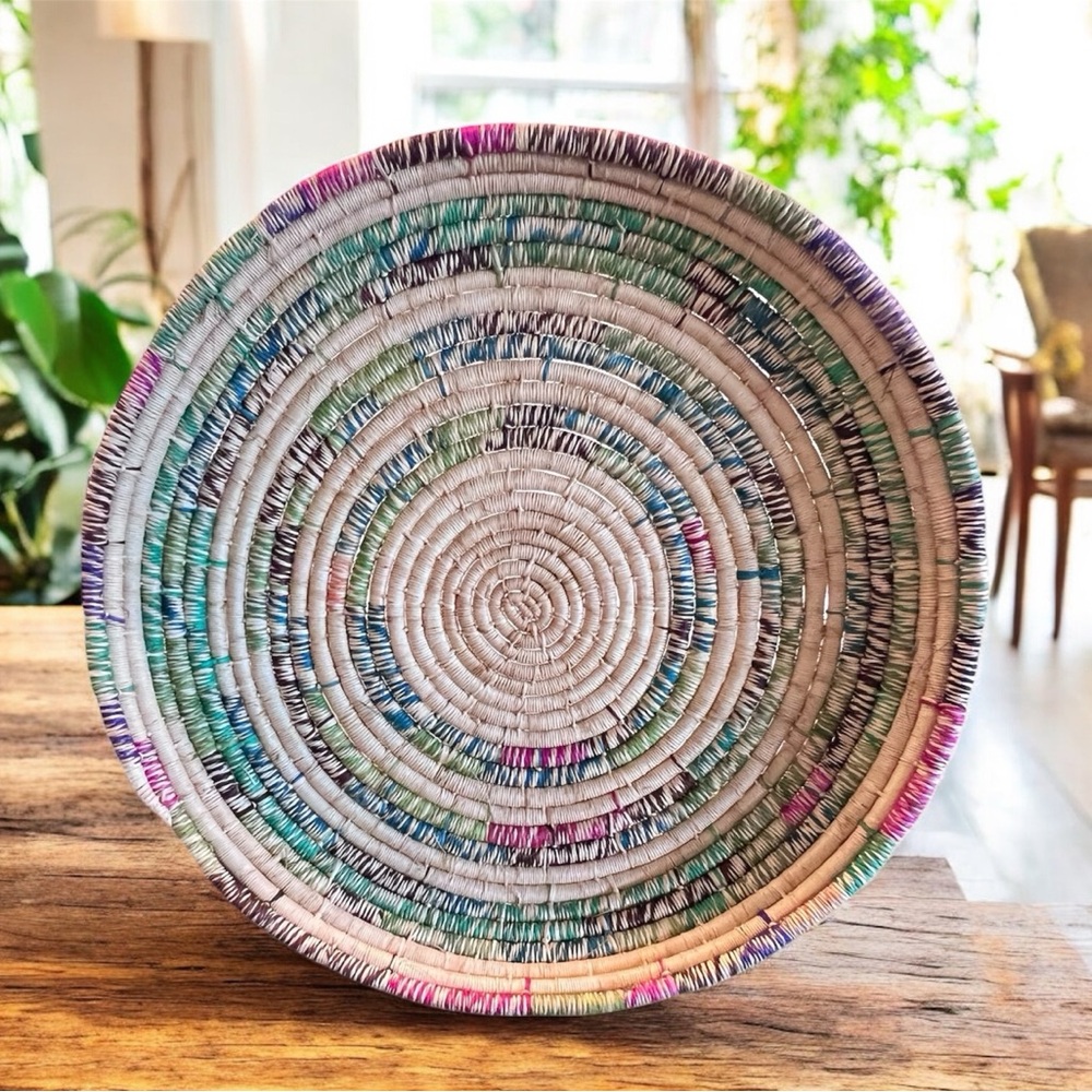 Handmade Woven Coiled Basket Green Pink Blue Natural 16” Primitive Art Native